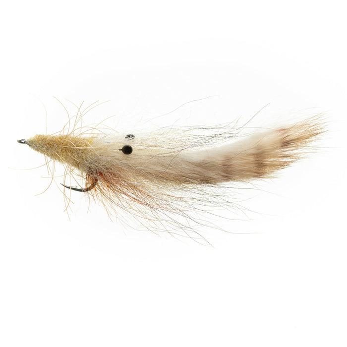 EP Tarpon Special fly in Suspended Shrimp Tan colorway with realistic eyes and a barred rabbit strip tail