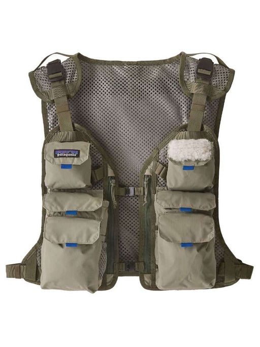 Front view of the River Rock Green Patagonia Stealth Convertible Vest showcasing the modular detachable pocket panels and fleece fly patch