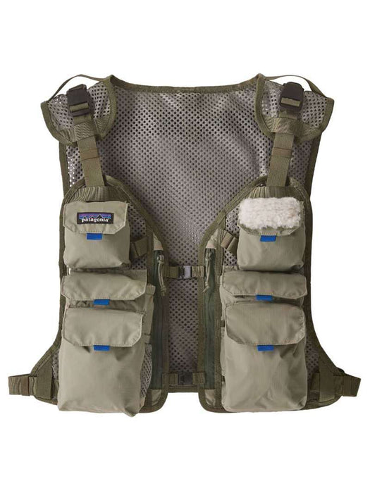 Front view of the River Rock Green Patagonia Stealth Convertible Vest showcasing the modular detachable pocket panels and fleece fly patch