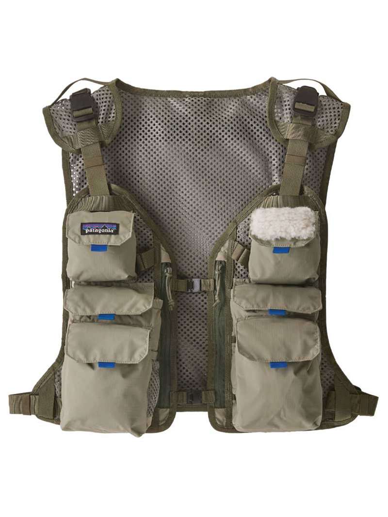 Front view of the River Rock Green Patagonia Stealth Convertible Vest showcasing the modular detachable pocket panels and fleece fly patch