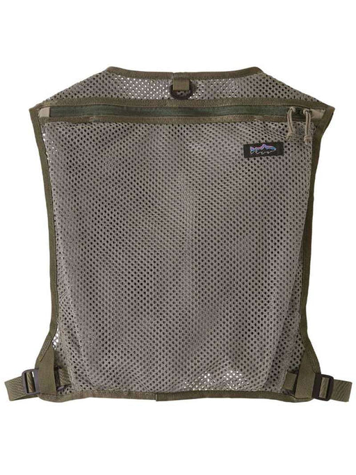 Back view of the River Rock Green Patagonia Stealth Convertible Vest highlighting the large zippered mesh drop-in storage pocket