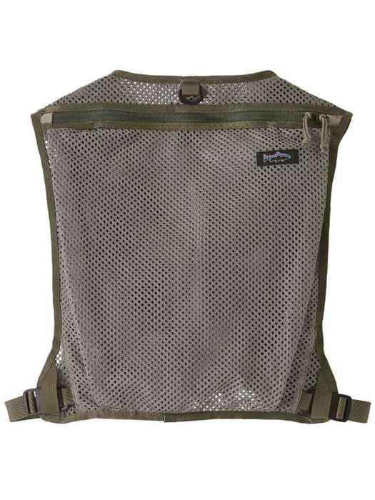 Back view of the River Rock Green Patagonia Stealth Convertible Vest highlighting the large zippered mesh drop-in storage pocket