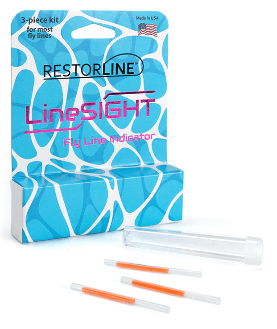 RestorLine LineSight fly line indicator kit, showing the blue and white patterned retail box, a clear plastic tube, and three orange-and-clear indicator rods on a white background.