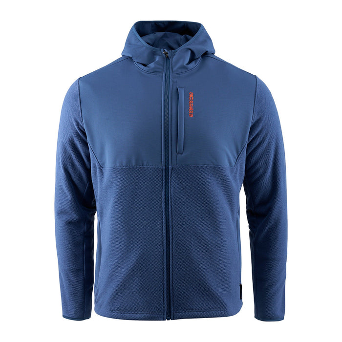 Front view of the Grundens Bering Fleece Pro Full Zip Hoodie in Blue Medium featuring zoned DWR-treated overlays on the chest and an orange embroidered logo