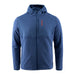 Front view of the Grundens Bering Fleece Pro Full Zip Hoodie in Blue Medium featuring zoned DWR-treated overlays on the chest and an orange embroidered logo