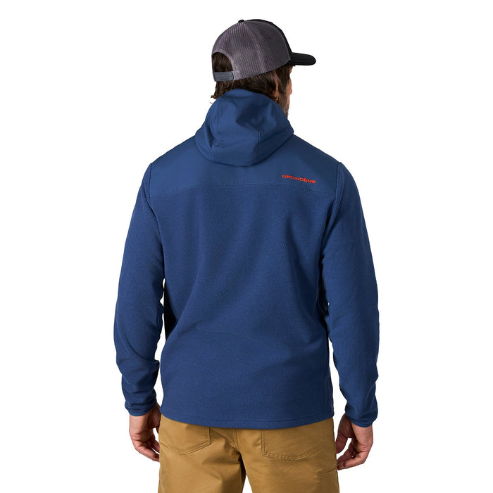 Back profile view of the Grundens Bering Fleece Pro Full Zip Hoodie in Blue highlighting the tailored Lycra bound hood and technical fleece backing layout