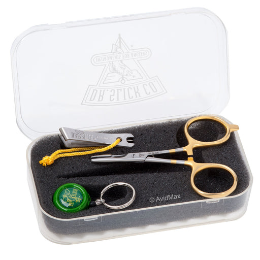 Dr. Slick Scissor Clamp Gift Set Six featuring a gold and black fly fishing scissor clamp, green pin-on-reel, and line nipper inside a clear plastic fly box
