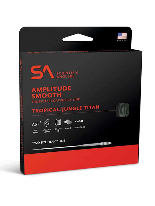 Scientific Anglers Amplitude Smooth Tropical/Jungle Titan Fly Line retail box, featuring the signature orange and black packaging with technical predator and saltwater labeling.