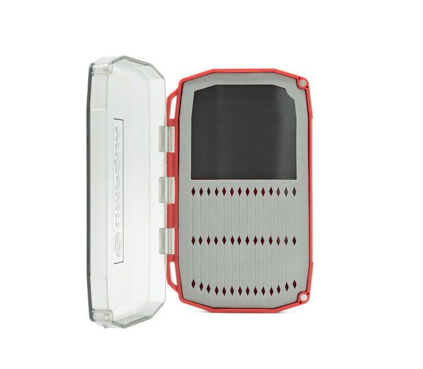 Open view of the mini Umpqua UPG Foam Daytripper Fly Box showing the orange trim and empty grey micro-slit foam.