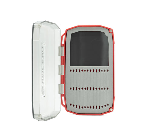 Open view of the mini Umpqua UPG Foam Daytripper Fly Box showing the orange trim and empty grey micro-slit foam.