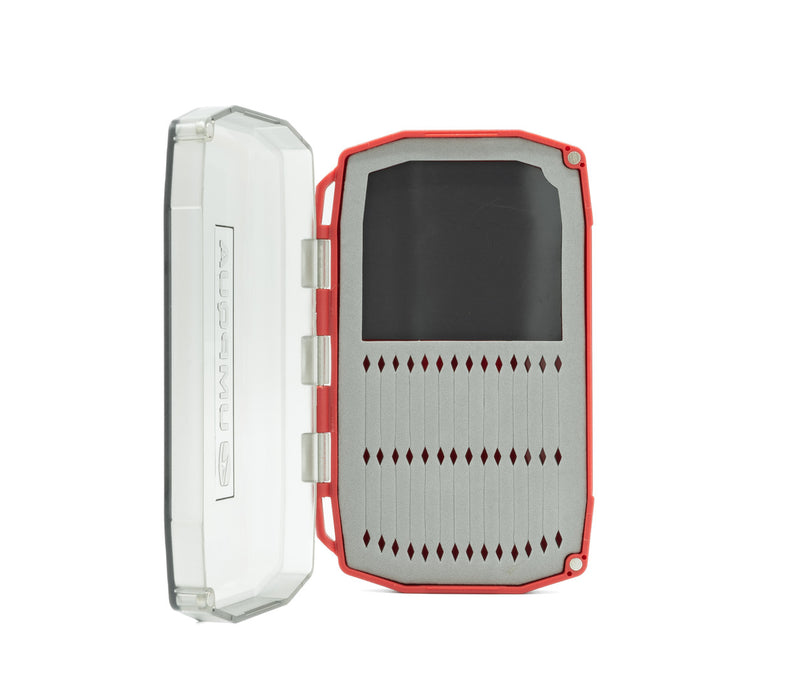 Open view of the mini Umpqua UPG Foam Daytripper Fly Box showing the orange trim and empty grey micro-slit foam.