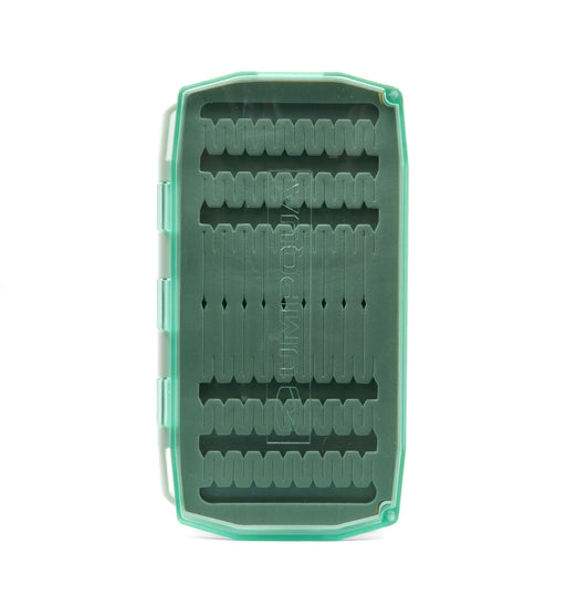 Closed aqua Umpqua UPG Foam Flats fly box showing the slim-profile shell design