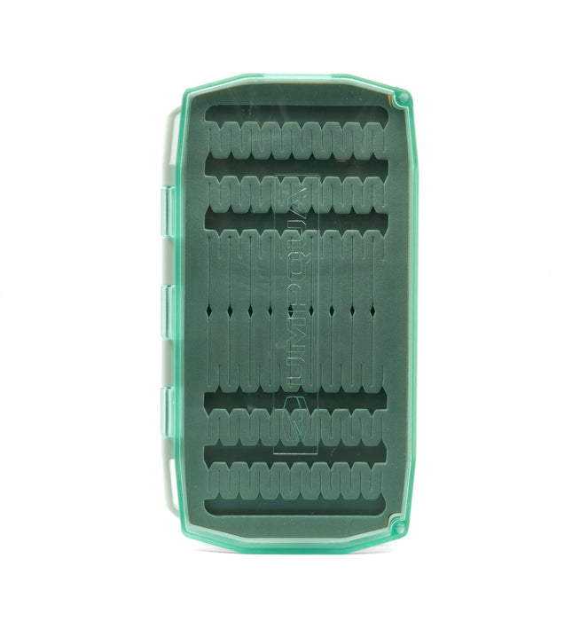 Closed aqua Umpqua UPG Foam Flats fly box showing the slim-profile shell design