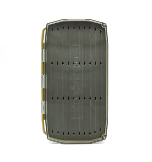 Closed view of the Umpqua UPG Foam Streamer Fly Box in Olive, showing the durable, low-profile impact resistant shell.