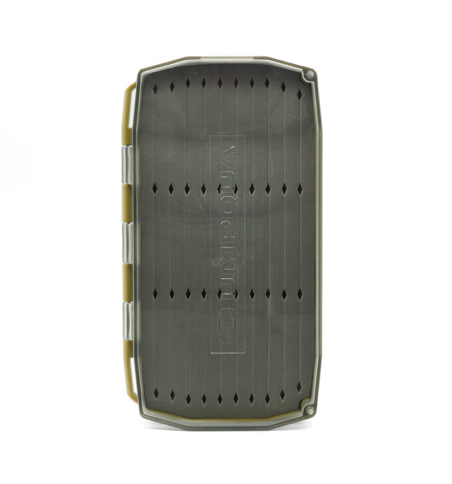 Closed view of the Umpqua UPG Foam Streamer Fly Box in Olive, showing the durable, low-profile impact resistant shell.