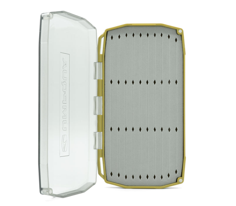 Interior view of the empty Umpqua UPG Foam Streamer Fly Box highlighting the deep Mega-Slit Power Grip Foam slots.