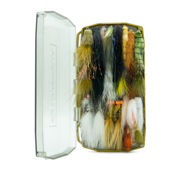 Open view of the Umpqua UPG Foam Streamer Fly Box loaded with large articulated streamer flies pinned into the foam insert.