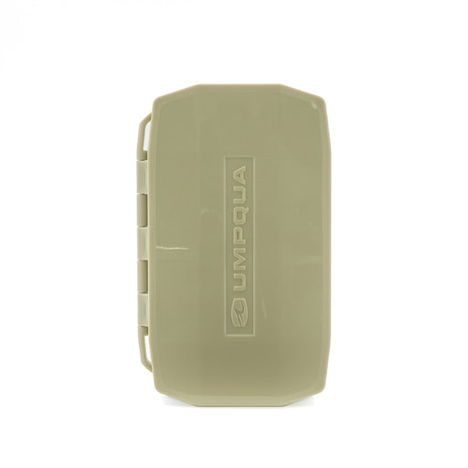Closed low-profile Umpqua Tailwater Mini Foam fly box in tan showing the slim pocket-sized exterior.
