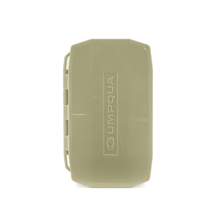 Closed low-profile Umpqua Tailwater Mini Foam fly box in tan showing the slim pocket-sized exterior.