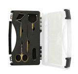 Open protective travel case showing the 5-piece Umpqua Dream Stream Plus fly tying tools secured in custom foam.