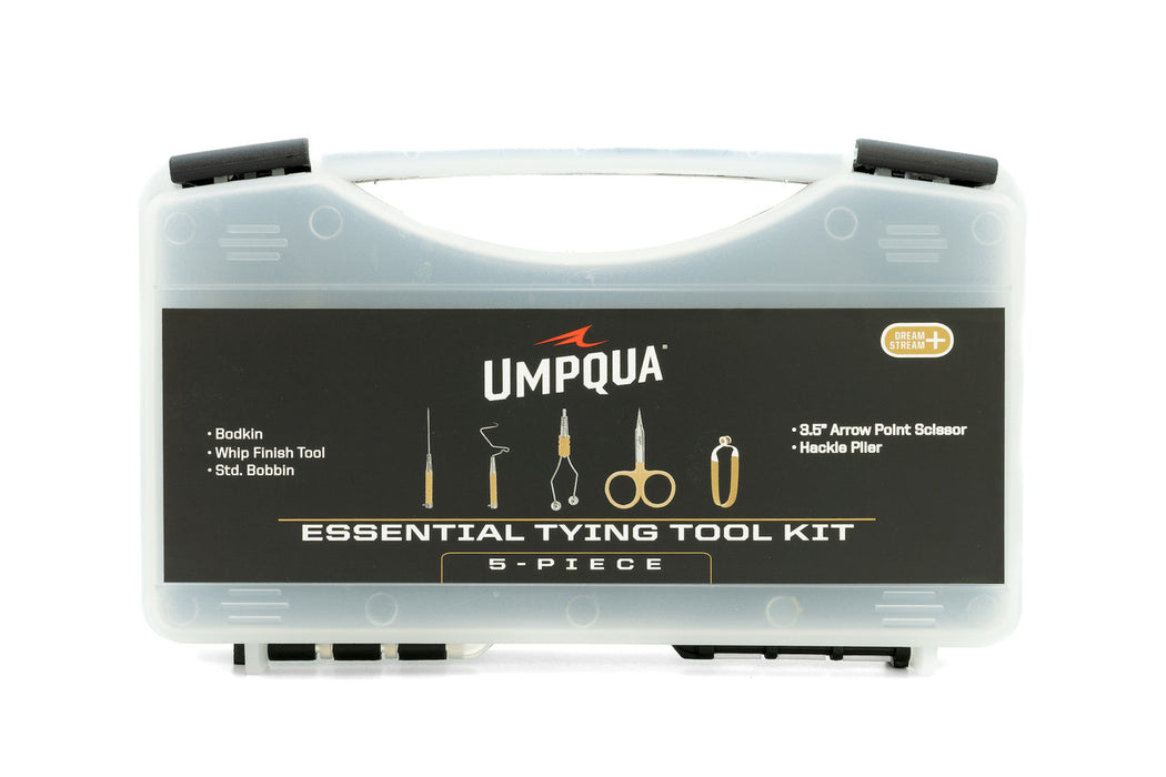Closed grey travel case containing the Umpqua Dream Stream Plus 5-piece essential fly tying tool kit.
