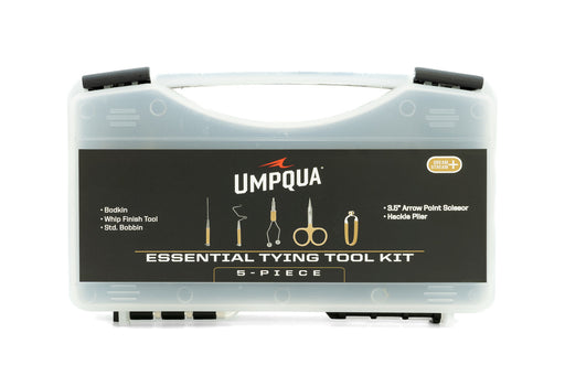 Closed grey travel case containing the Umpqua Dream Stream Plus 5-piece essential fly tying tool kit.