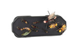 Umpqua Link HatchPad Double magnetic fly patch holding multiple dry flies and nymphs to demonstrate staging capacity.