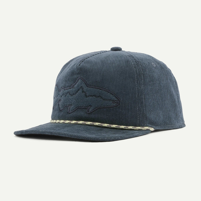 A dark blue corduroy baseball cap featuring an embroidered shark logo on the front and a decorative braided trim along the edge of the brim, shown against a plain white background.