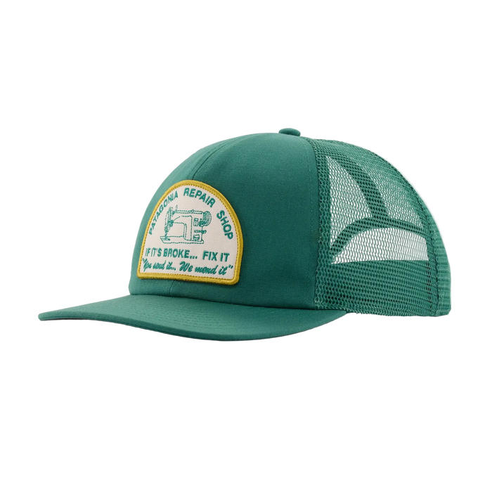 Patagonia Relaxed Trucker Hat in Repair Shop Gem Green with front graphic patch profile view