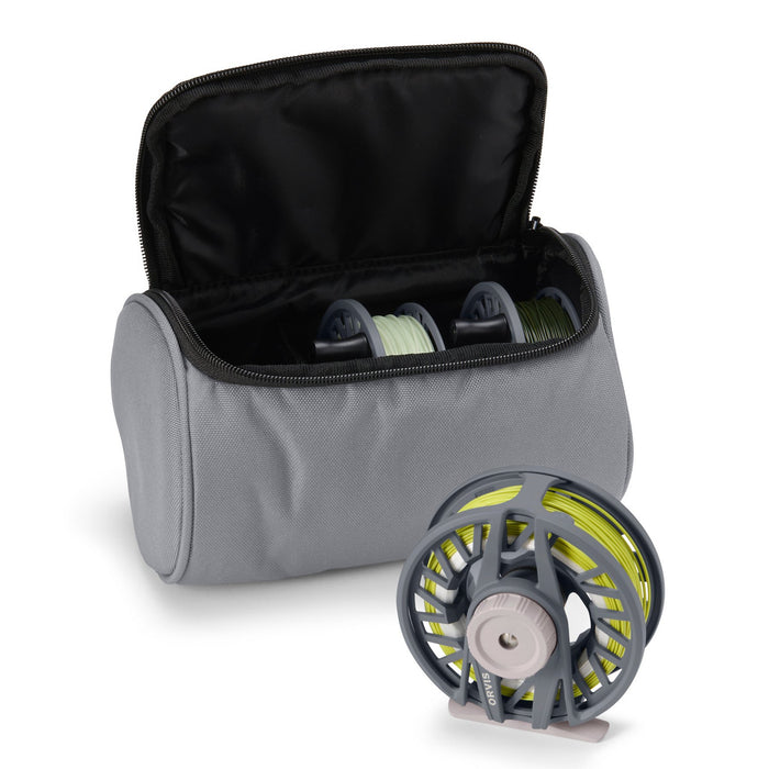 Gray fishing reel case with open lid showing fishing reels and a separate reel on a white background