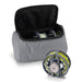 Gray fishing reel case with open lid showing fishing reels and a separate reel on a white background