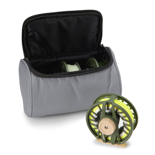 Gray fishing reel case with a green fishing reel on a white background