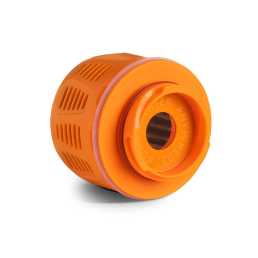 Vibrant orange Grayl GeoPress Replacement Purifier Cartridge showing the top twist-lock rim and electroadsorptive filter media opening