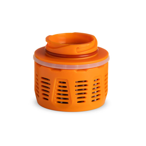 Side view of the orange Grayl GeoPress Purifier Replacement Cartridge highlighting the structured grid housing design and activated carbon core