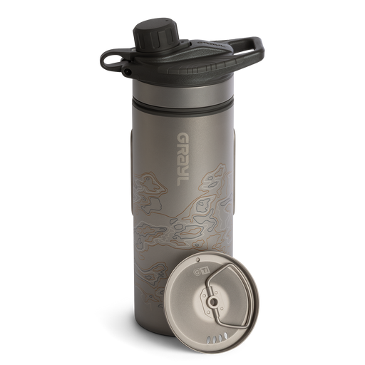 Grayl 24oz GeoPress Ti Purifier titanium water filter bottle with laser-engraved topography map art and matching titanium D-ring cap