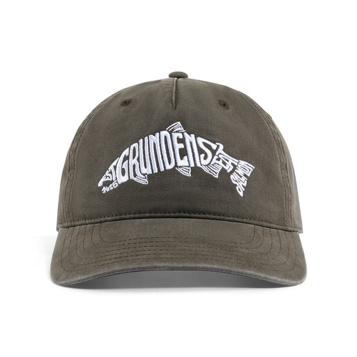 Grundéns Salmon Eat Your Words RX Trucker hat in Loden green featuring white embroidered text shaped like a salmon.