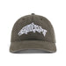 Grundéns Salmon Eat Your Words RX Trucker hat in Loden green featuring white embroidered text shaped like a salmon.