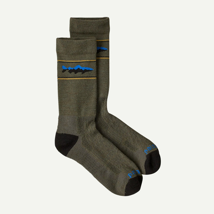 Pair of Basin Green Patagonia Lightweight Merino Performance Crew Fish Socks featuring a gold stripe and blue trout graphic