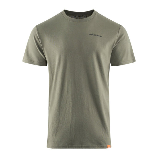 The front view of a Grundéns DeadStick short-sleeve t-shirt in Forest Heather green, featuring a minimalist layout with a small dark grey Grundéns wordmark logo on the upper left chest and an orange brand tag stitched at the bottom left hem.