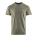 The front view of a Grundéns DeadStick short-sleeve t-shirt in Forest Heather green, featuring a minimalist layout with a small dark grey Grundéns wordmark logo on the upper left chest and an orange brand tag stitched at the bottom left hem.