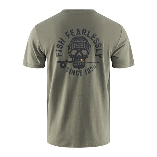 The back view of a Grundéns DeadStick short-sleeve t-shirt in Forest Heather green, showcasing a large dark grey graphic of a skull wearing a knit beanie with a fishing rod held in its teeth, surrounded by the arched text "FISH FEARLESSLY SINCE 1926" and a small orange bobber detail.
