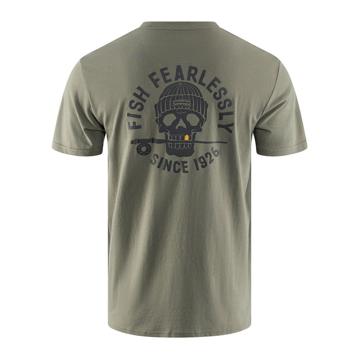 The back view of a Grundéns DeadStick short-sleeve t-shirt in Forest Heather green, showcasing a large dark grey graphic of a skull wearing a knit beanie with a fishing rod held in its teeth, surrounded by the arched text "FISH FEARLESSLY SINCE 1926" and a small orange bobber detail.