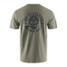 The back view of a Grundéns DeadStick short-sleeve t-shirt in Forest Heather green, showcasing a large dark grey graphic of a skull wearing a knit beanie with a fishing rod held in its teeth, surrounded by the arched text "FISH FEARLESSLY SINCE 1926" and a small orange bobber detail.