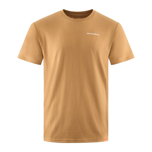 Front view of the Grundéns Redfish Flats short-sleeve t-shirt in Whiskey tan, featuring a clean, minimalist design with a small, white embroidered Grundéns wordmark logo on the upper right chest and a small orange brand tag stitched at the bottom left hem.