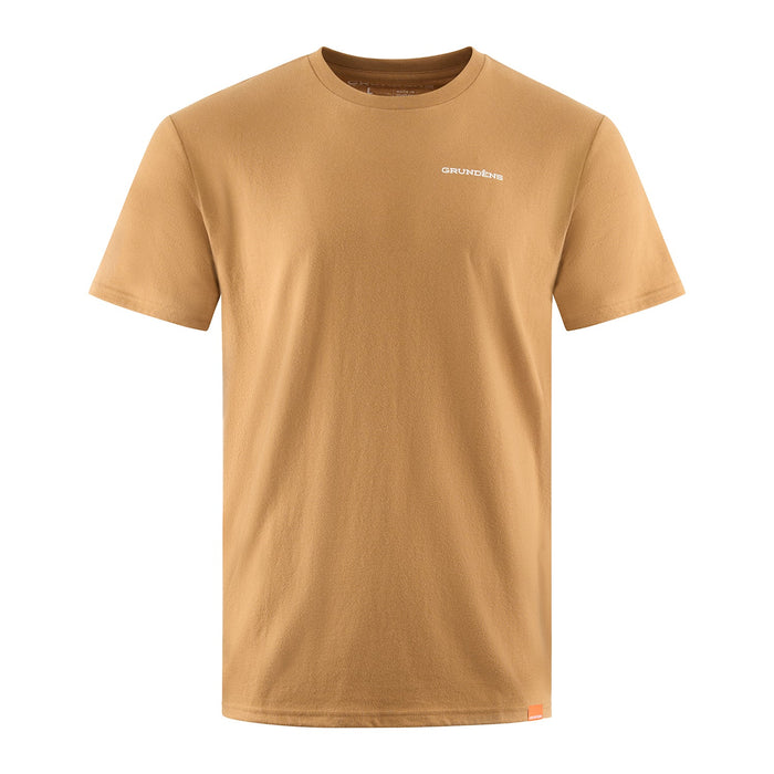 Front view of the Grundéns Redfish Flats short-sleeve t-shirt in Whiskey tan, featuring a clean, minimalist design with a small, white embroidered Grundéns wordmark logo on the upper right chest and a small orange brand tag stitched at the bottom left hem.