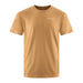 Front view of the Grundéns Redfish Flats short-sleeve t-shirt in Whiskey tan, featuring a clean, minimalist design with a small, white embroidered Grundéns wordmark logo on the upper right chest and a small orange brand tag stitched at the bottom left hem.