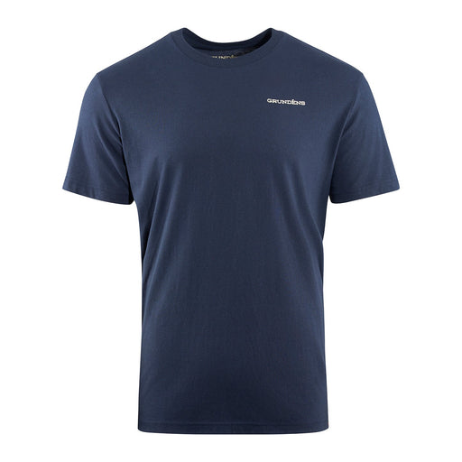 Front view of navy blue t-shirt with Grundens logo on left chest.