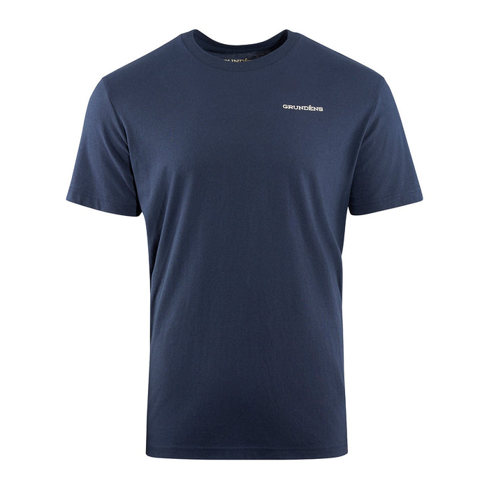 Front view of navy blue t-shirt with Grundens logo on left chest.