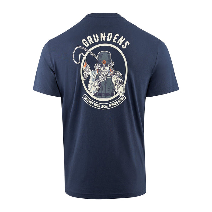 Back view of navy blue t-shirt with Grundens support your local fishing guide logo.