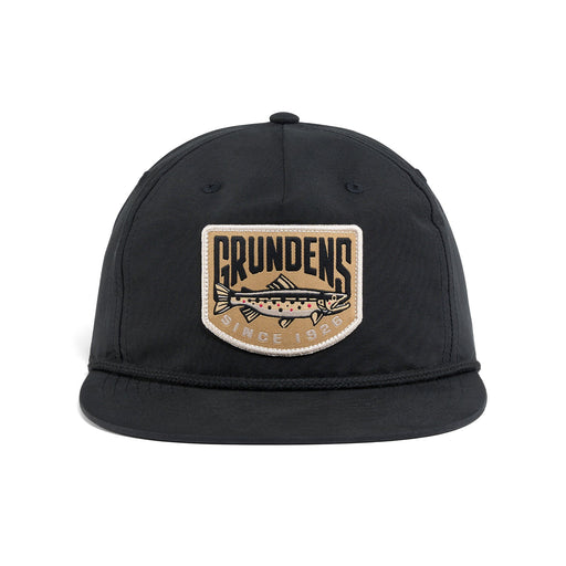 Black Grundens Trout Patch Rope Trucker Hat with a retro brown trout heritage patch and matching front bill accent rope